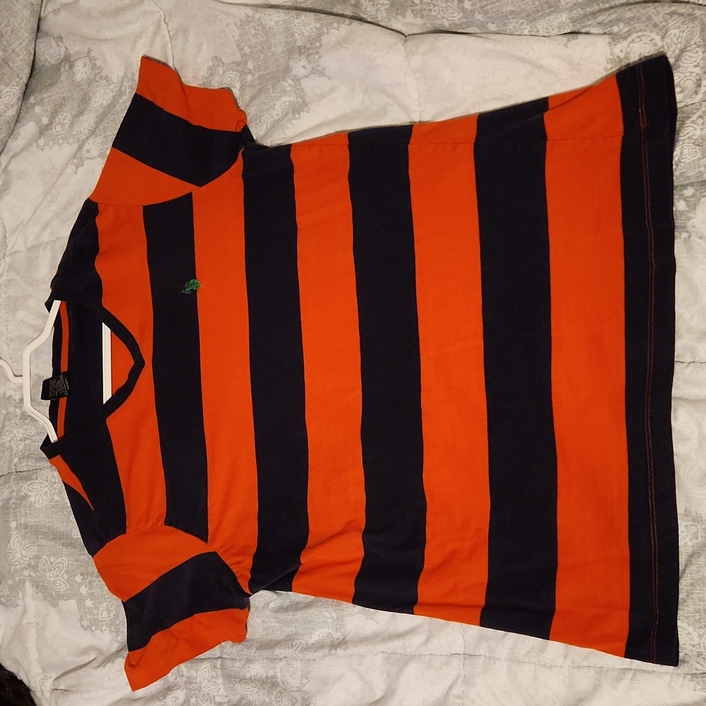 U.S Polo Assn. Stripe V Neck T Shirt Navy Blue And Orange with Green Logo